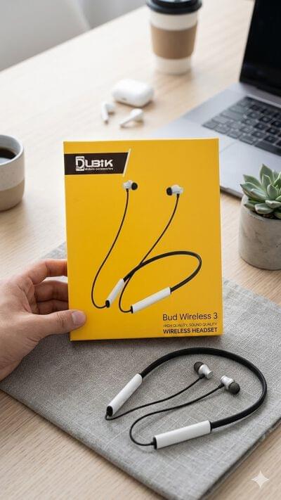 Wholesale wireless neckband on retailer's desk — DUBIK Bud Wireless 3 packaging