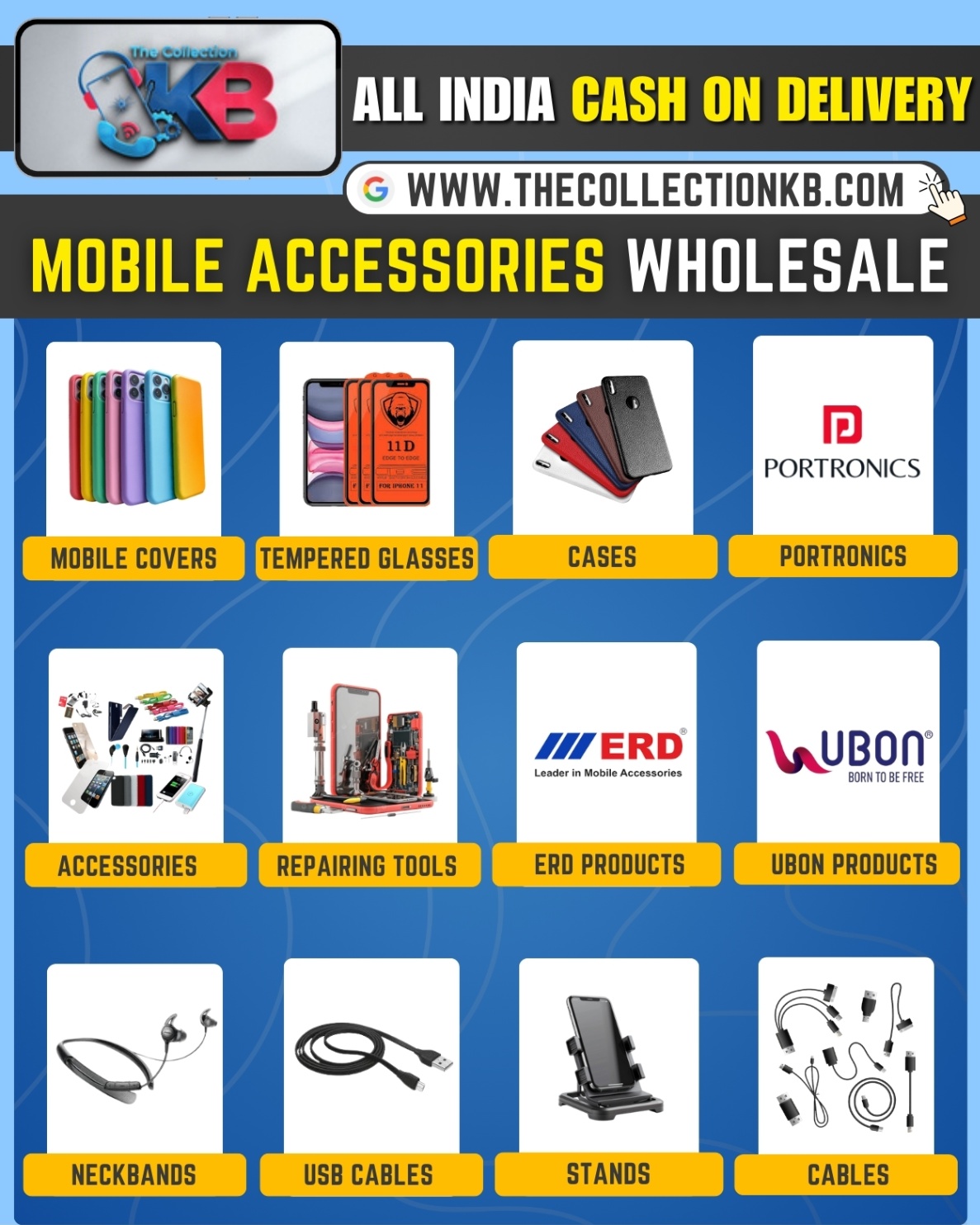 Mobile accessories wholesale categories — neckbands, cables, cases, tempered glasses available with All India Cash on Delivery